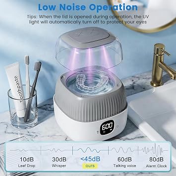 Ultrasonic Cleaning Device 45000Hz UV Ultrasonic Pod 250ml- Deep Cleaning for Dentures, Mouth Guards, Aligners, Night Guards, Braces, Toothbrush Heads & Jewelry, 7800mAh (Gray_Battery)