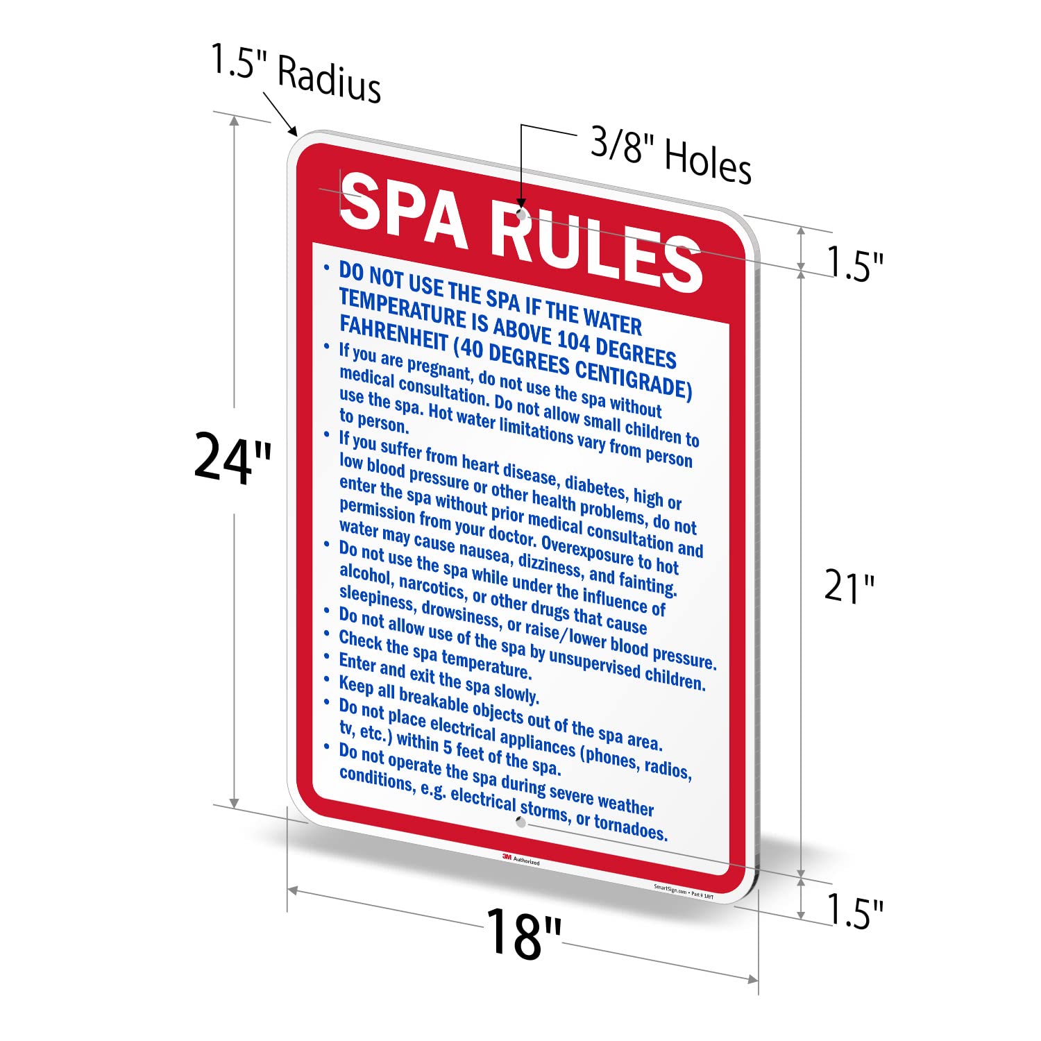 SmartSign 24 x 18 inch “Spa Rules” Metal Sign, 80 mil Aluminum, 3M Laminated Engineer Grade Reflective Material, Red, Blue and White, Made in USA