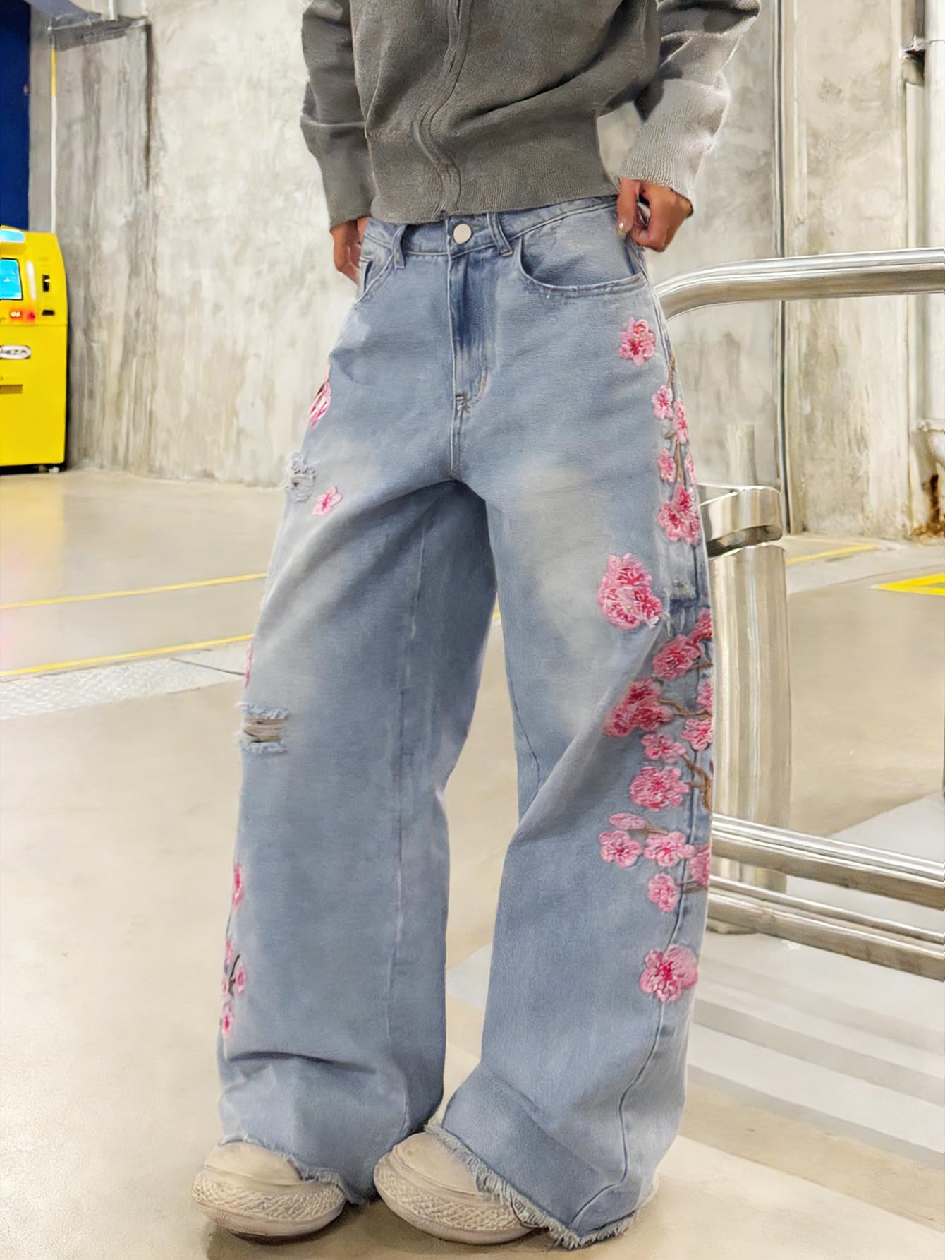 Jeans larghi da donna, ricamati, alla moda, stile hip hop, a gamba larga, alla moda, skater, vestibilità larga, streetwear