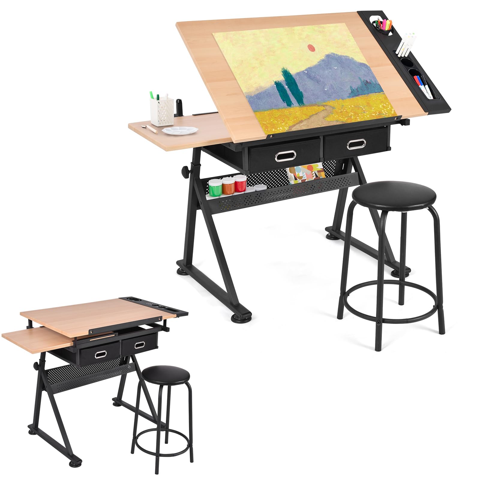 LIFEZEAL Set Tavolo da Disegno e Sgabello, Scrivania e Sedia, Piano Inclinabile, Regolabile in Altezza, 2 Cassetti, in Legno+Metallo, Principiante, Studente, Pittore, Studio, Liceo Artistico (marrone)