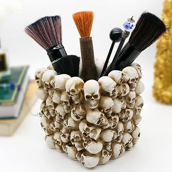 Halloween Decor Skull Pen Holder - Goth Human Skull Makeup Accessory Brush Holder for Desk Gothic Spooky Pencil Cup Desktop Storage box Organizer for Home Office Women Man Birthday Gift