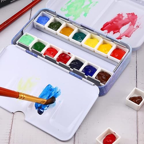 Miniatura 5 de LOONENG Paleta de acuarela vacía, lata de acuarela vacía con paleta plegable, pequeña paleta de bandeja de acuarela morada con 14 medias bandejas