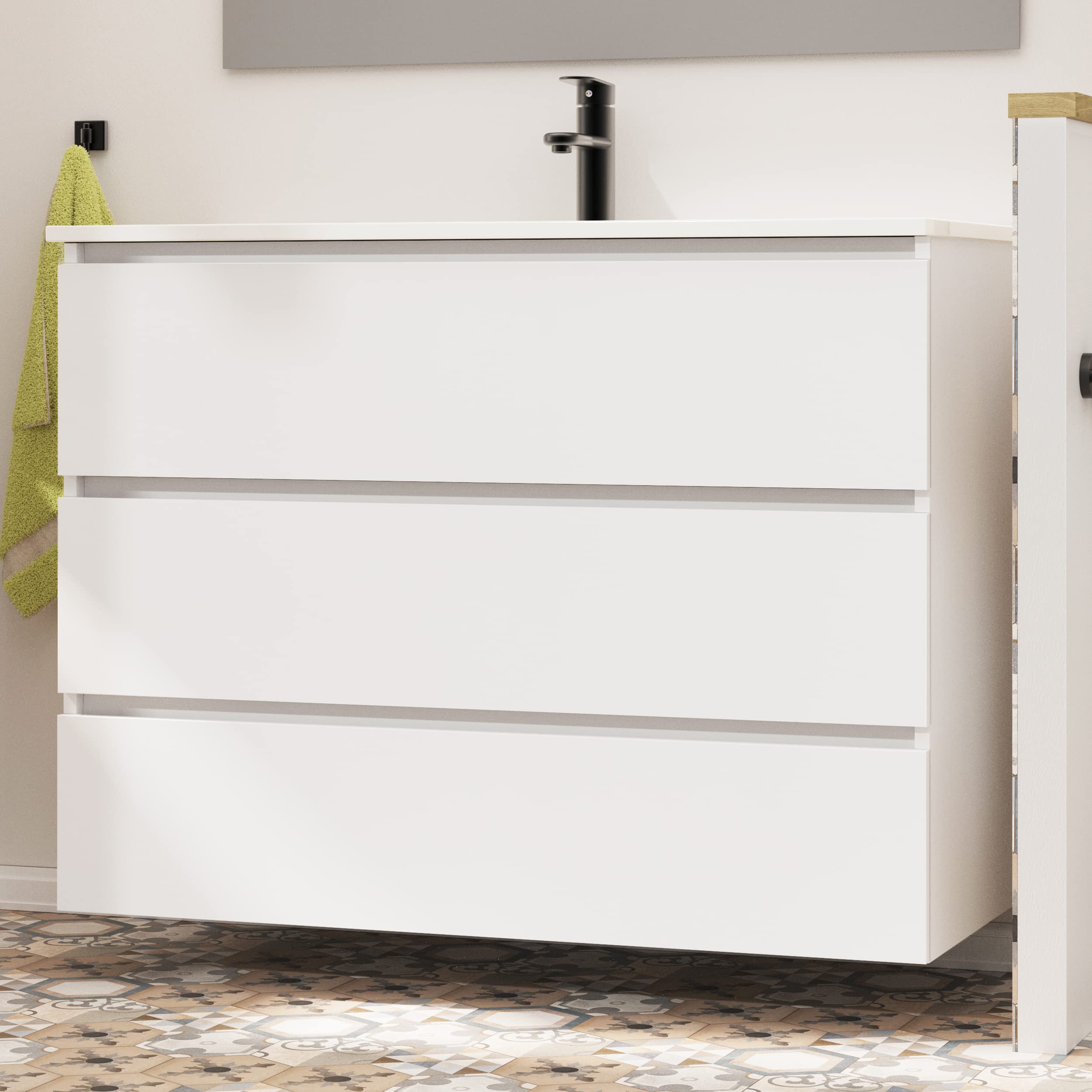 Baikal | Conjunto Completo de Mueble de Baño Suspendido a la Pared con Lavabo Cerámico y Espejo | Tres Cajones, Cierre Amortiguado, Melamina 16mm | Mueble MONTADO | Blanco Mate | 100cm