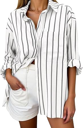 Oversized Button Down Shirts for Women Linen Shirt Long Sleeve Collared Blouses with Pocket Beach Vacation Outfit 2026