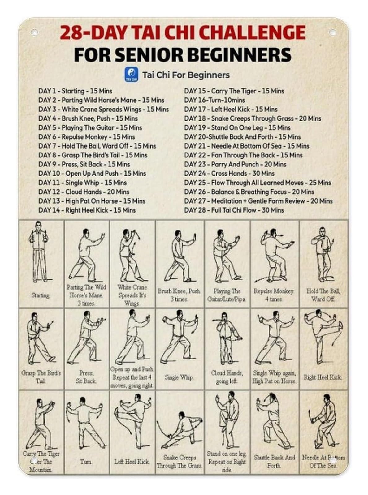 NWPNLXEA Beginner Tai Chi Exercise Chart Aluminum Sign Gentle Poses Guide for Seniors Home Gym Activity Room Space Wall-Art 8 X 12 Inch