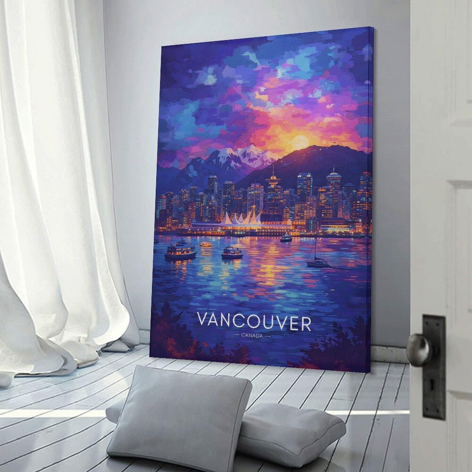 Junmoney Frame-Style-19-1 Vancouver Cityscape At Sunset Canvas Wall Decor, 24X36inch(60X90cm), For Wall Displays, Bedrooms Or Room Updates, Wall Decor Suited To Curated Displays
