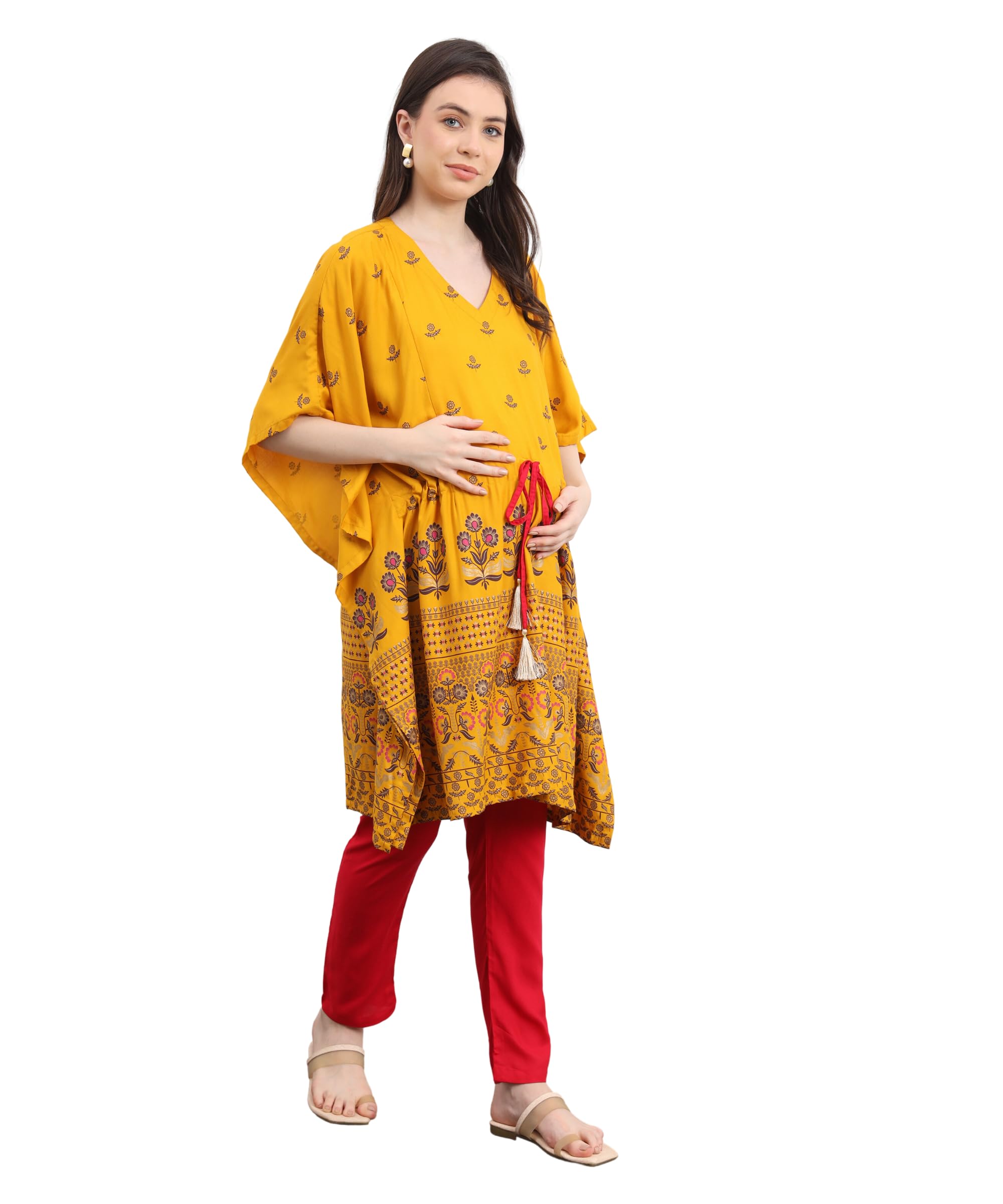 Maternity Feeding Kaftan Set with Zip for Women | 100% Rayon Pre & Post Pregnancy Floral Printed Kaftan Set | Nursing Kaftan for Easy Breastfeeding for Mothers-image-0
