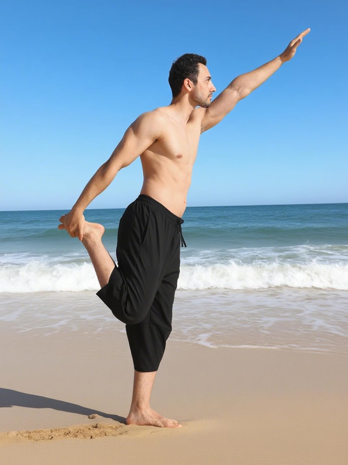 Men's Linen Yoga Pants Casual Beach Loose 3/4 Harem Trousers Summer Elastic Drawstring Capri Pants - Image 3