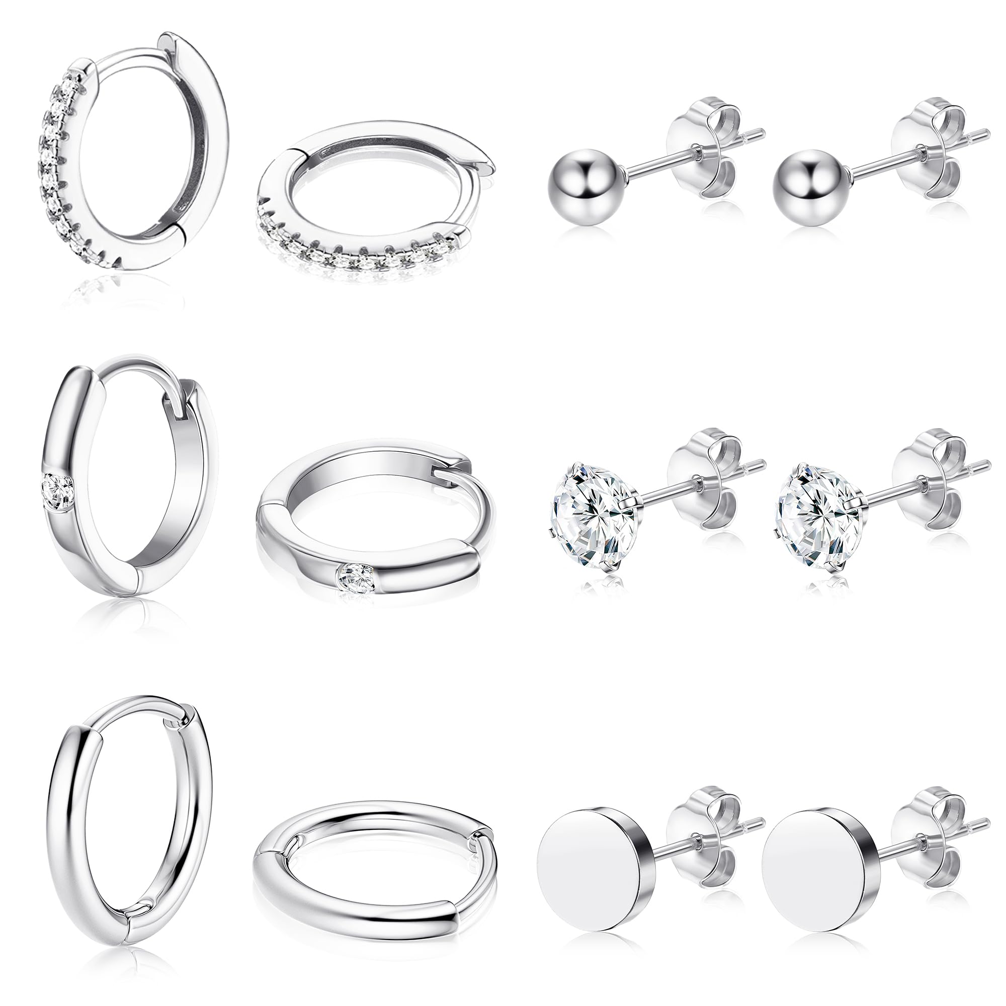 Dochais 6 Pares de Pendientes de Oro, 14K Oro Aros Pequeños, Cz Pequeña Bola Stud Pendientes Cartílago Huggie Pendientes de Plata, Hipoalergénico Stud Pendientes Para Mujeres Hombres