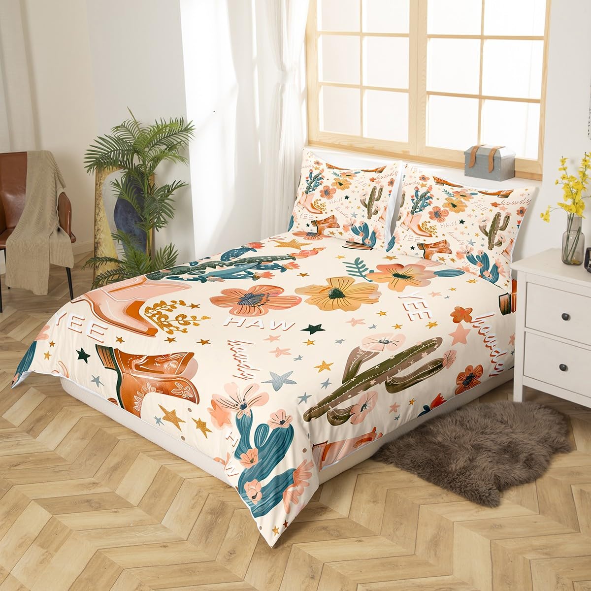 feelingyou Cowboy Duvet Cover Double Size,Cowboy Boots Comforter Cover for Kids Teens Adults Bedroom Decor,Wild West Cactus Flower Cowgirl Bedding Set 2 Pillowcases,No Comforter - Image 2