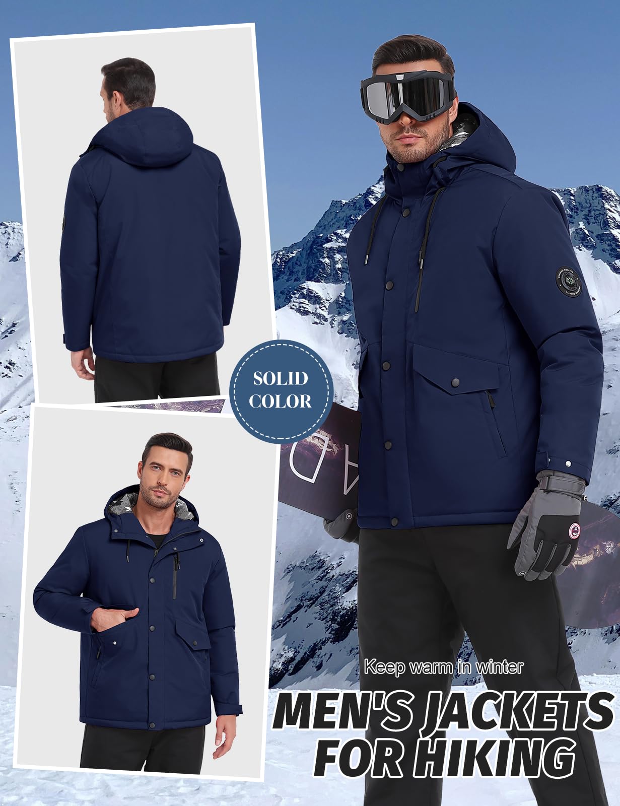 TOMEEK Manteau Homme Veste Ski Imperméable Coupe Vent Hiver Chaud Blousons Homme de Combinaisons de Ski Mesure la Température Possible Avec Capuche et Boussole