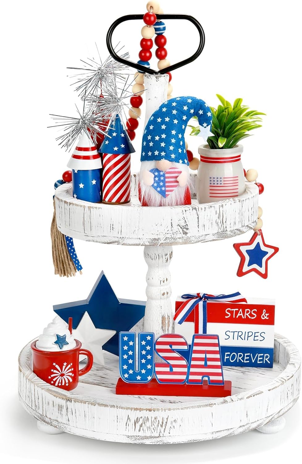 4th of July Decorations 8 Pcs Patriotic Memorial Day Tiered Tray Decor, Independence Day Fourth of July Red White and Blue Decorations for Home Office Tabletop Sign Centerpieces Shelf Mantel Decor