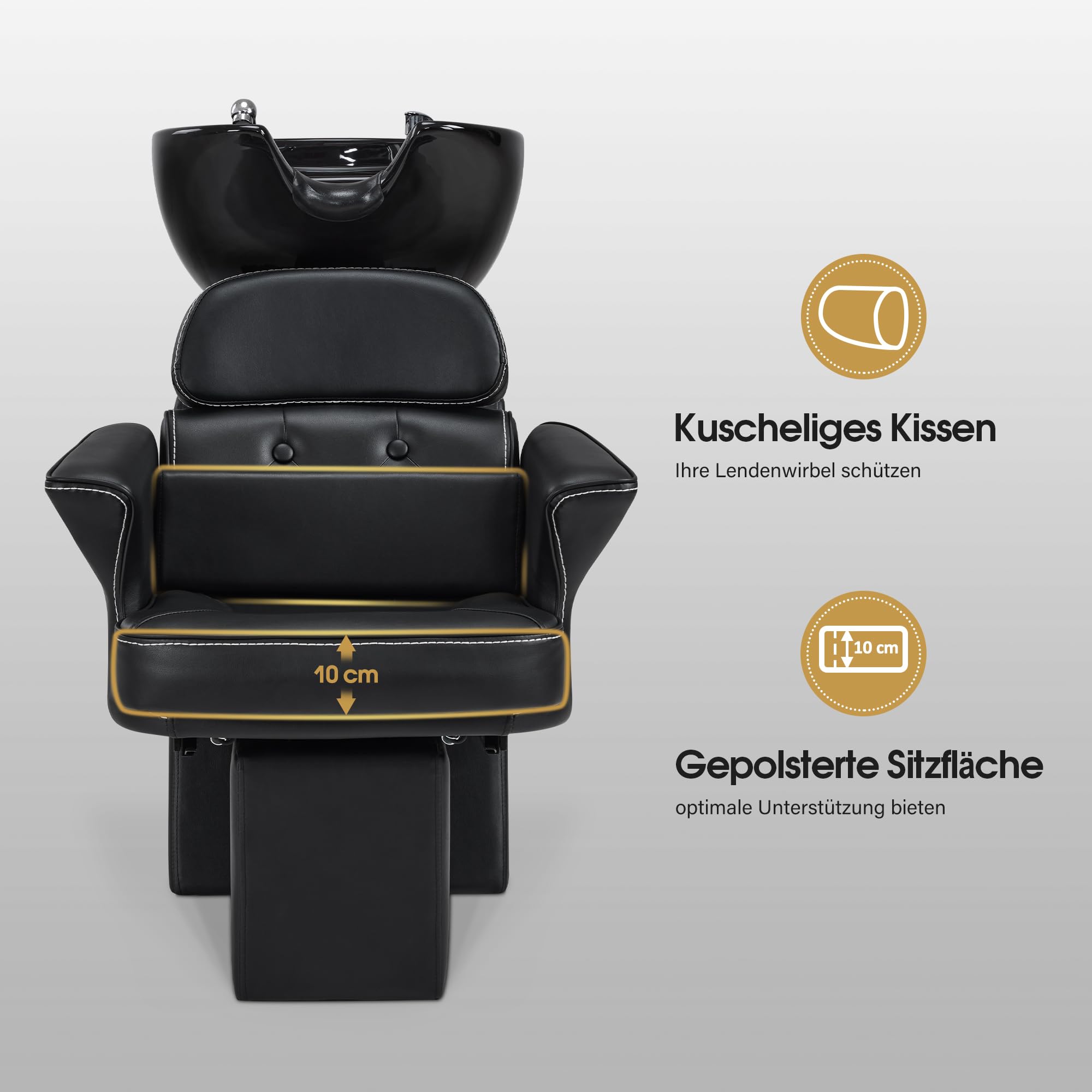 Barberpub Friseurstuhl mit Waschbecken & Kippbarer Rückenlehne, Friseurwaschbecken aus Keramik Verstellbar, Moderner Friseurwaschsessel für SPA Salon, Friseur Waschplatz 8692 (Schwarz/Kunstleder)