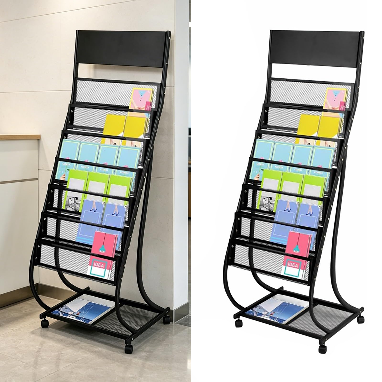 Cjwkxqol Black Metal Mesh Floor Standing Magazine Rack With Wheels, Vertical Brochure Display Stand For Office Reception, Exhibition, Shopping Mall, Hospital(Black)