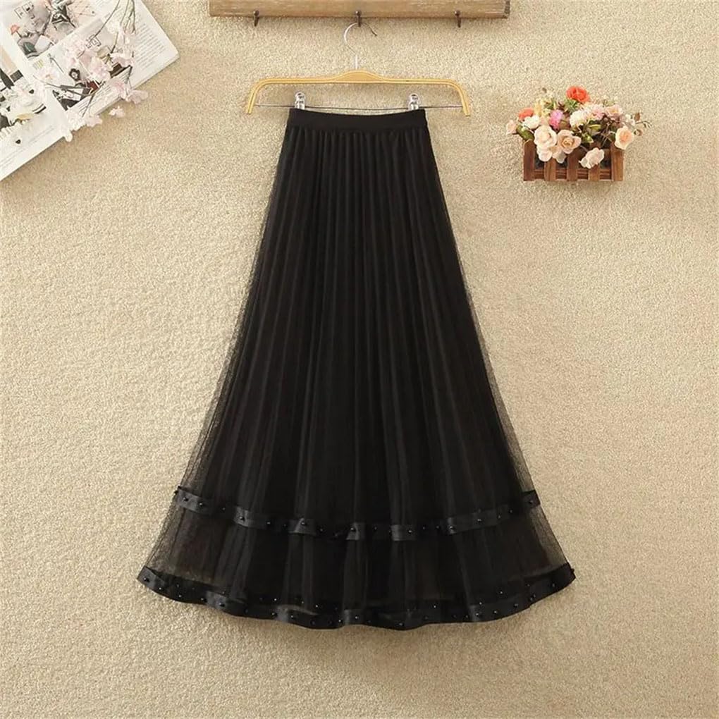 Jupe brodée à taille élastique unie pour femme - Jupe trapèze plissée taille haute