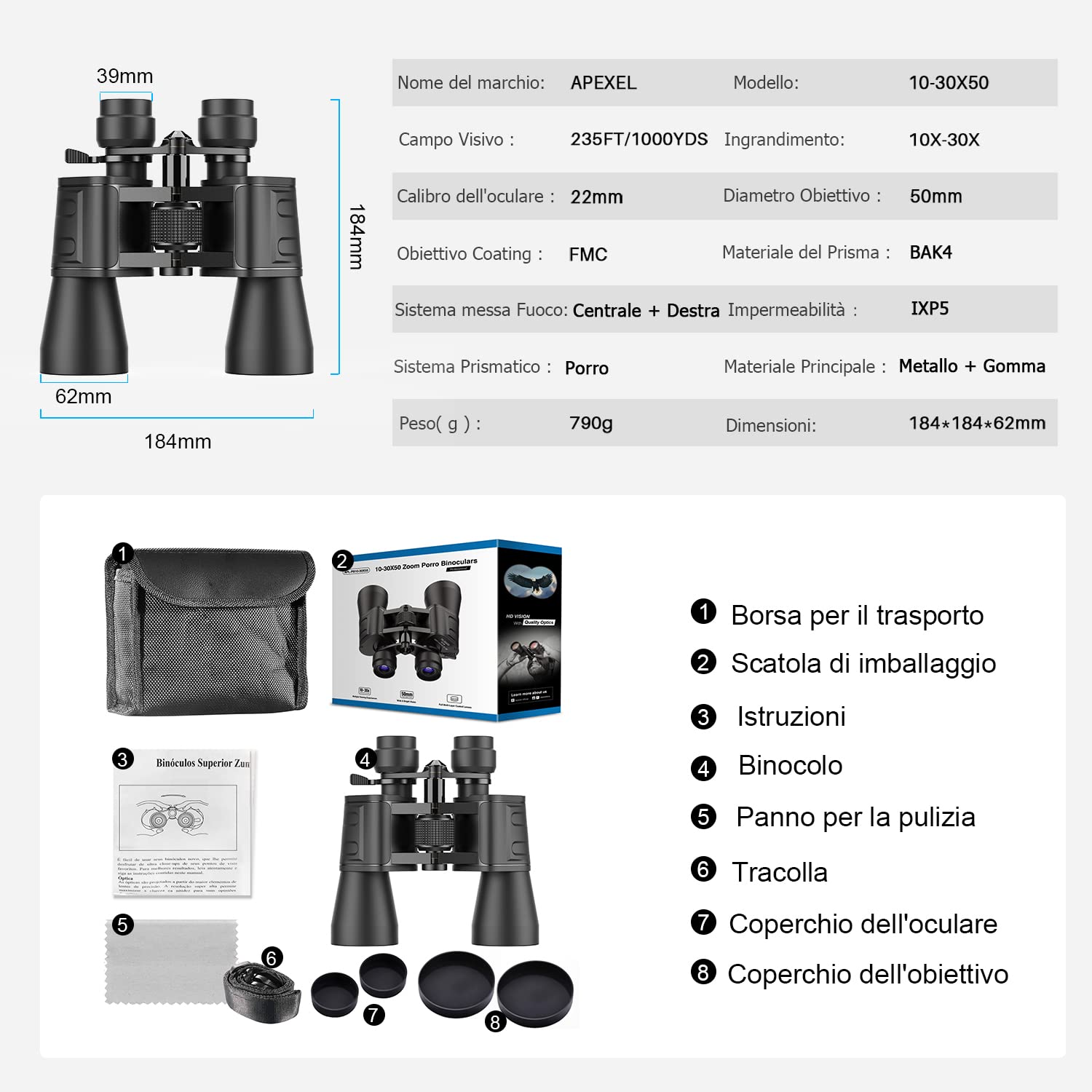 APEXEL Binocolo Zoom 10-30x50 ad Alte Prestazioni per Adulti | Luce Debole, Impermeabile,Obiettivo FMC/Prisma BAK4, Binocolo Professionale HD per Birdwatching、Trekking、Viaggi、Vela、Concerti