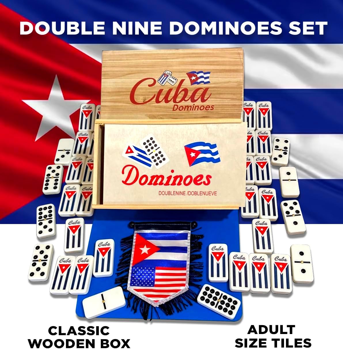 PRK 14 Authentic Cuban Double Nine Dominoes Set with Wooden Case Comes with Cuba Flag Autentico juego de Domino Cubano Doble nueve con estuche de Madera. con la Bandera de Cuba.