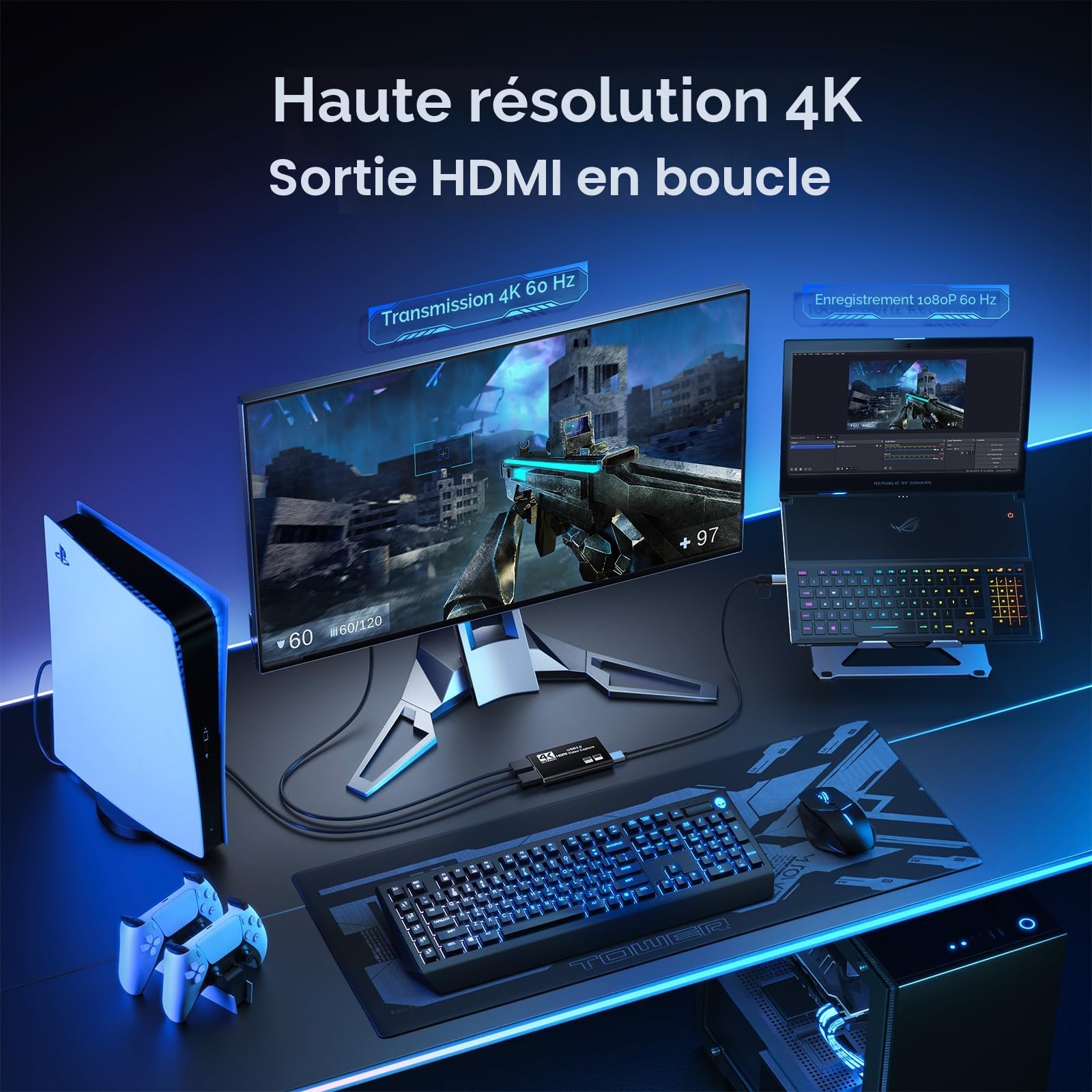 XIIXMASK Carte d'acquisition vidéo, Carte de Capture USB 3.0 4K HDMI en Boucle, 1080P 60FPS/2K 30FPS Capture de Jeu vidéo pour Le Streaming Fonctionne pour PS5/Switch/PC/OBS(Noir)