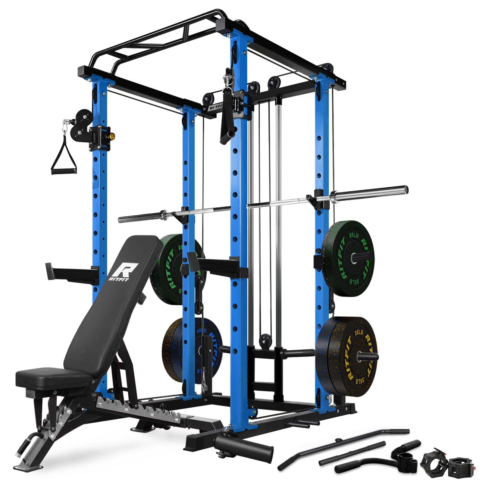RitFit Power Cage with Optional LAT PullDown/Cable Crossover, 1000LB Squat Rack for Home & Garage Gym, with Weight Storage Rack and More Training Attachments, ASTM-Certified