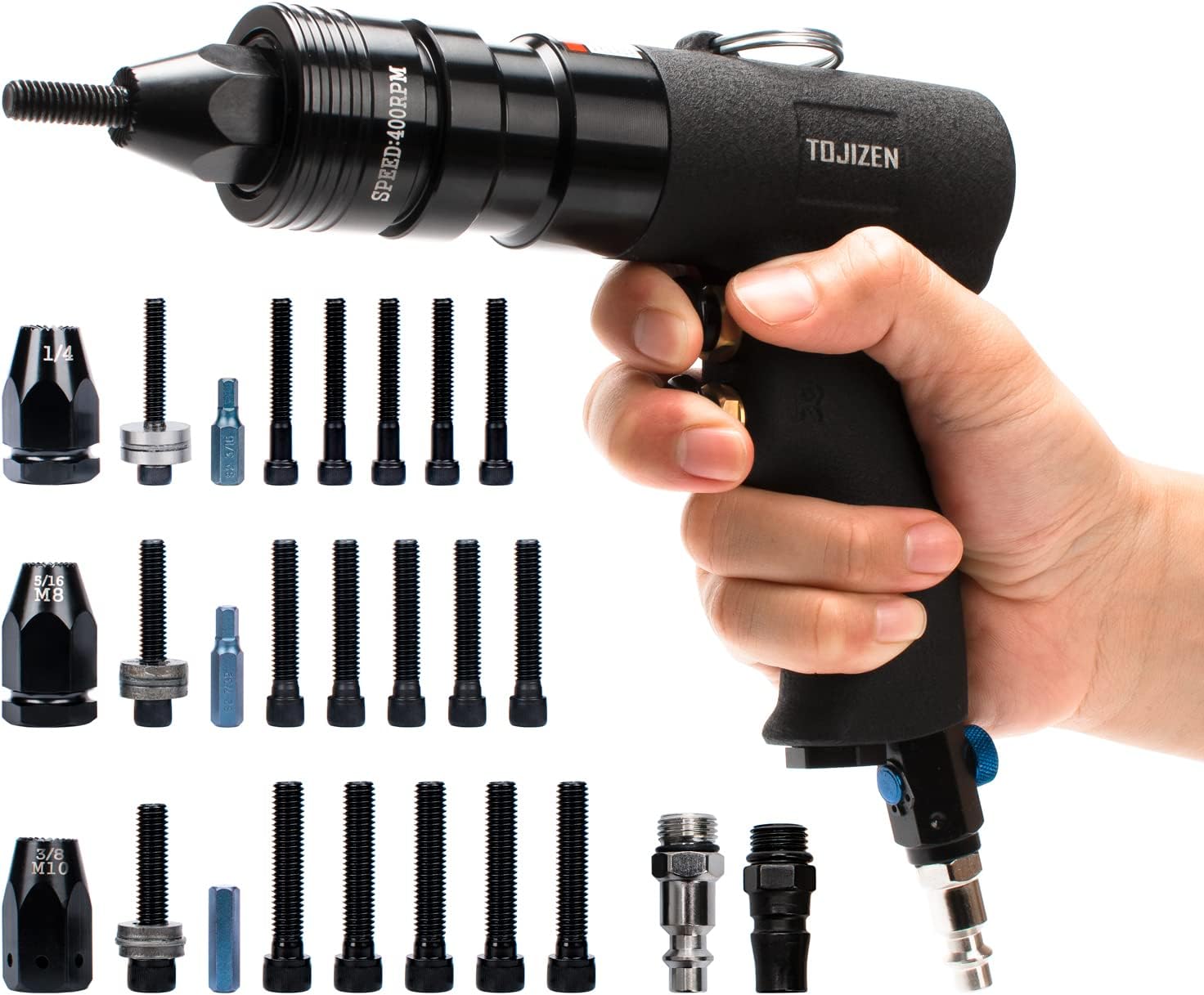 Pneumatic Rivet Nut Gun Kit - 1/4, 5/16 & 3/8 inch Gun Heads - Air Powered Rivet Nut Tool Set for Rivnut, Threaded Insert, and More - Professional Air Riveter and Riv Nut Tool