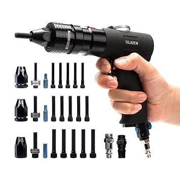 TOJIZEN Pneumatic Rivet Nut Gun Kit - 1/4, 5/16 & 3/8 inch Gun Heads - Air Powered Rivet Nut Tool Set for Rivnut, Nutsert, Threaded Insert, and More - Professional Air Riveter and RIV Nut Tool
