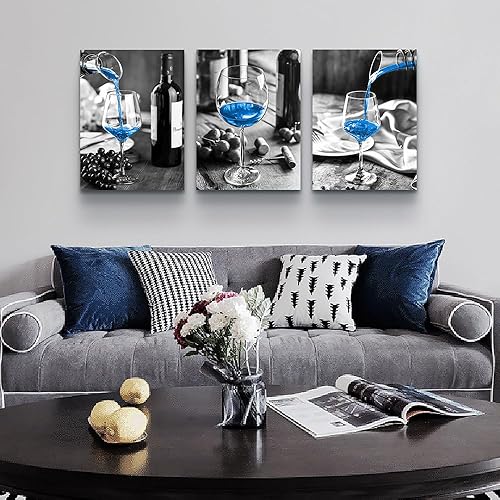 Miniatura 3 de Lapremoly Lienzo decorativo para pared, decoración moderna de cocina y comedor, copas de vino blanco y negro, cuadros de pared de vino azul, 3 piezas