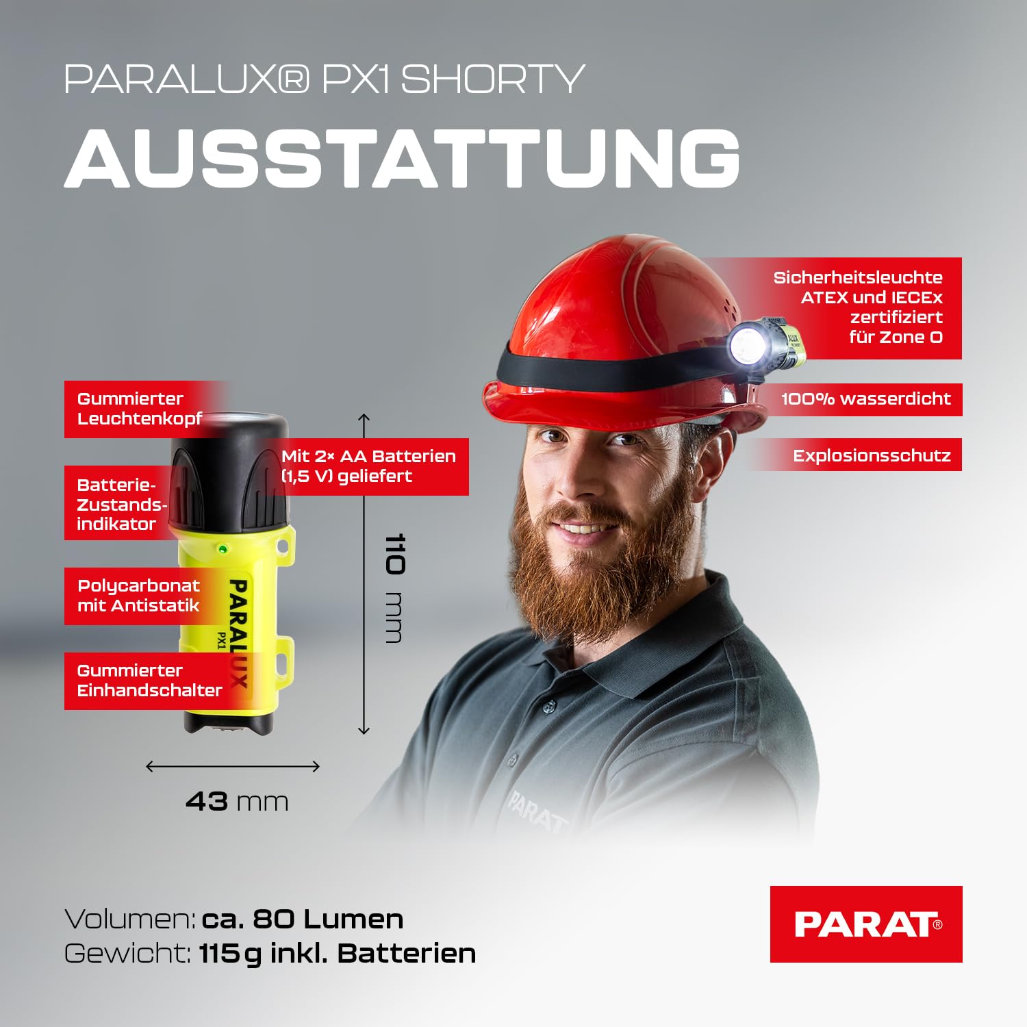 Parat Sicherheitsleuchte (MAX. Leuchtweite 120m, Taschenlampe, bis 8h bei Volllast) Luz de Seguridad PARALUX PX1 Shorty (máx. Alcance de 120 m, Linterna LED, hasta 8 h con Carga Completa, Amarillo
