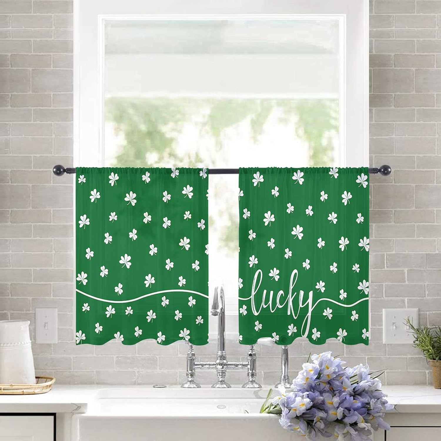 Semi Sheer Curtains 54 inch Length for Living Room Rod Pocket Light Filtering Drapes, St. Patrick's Day Lucky Clover Spring Shamrock Green Window Treatments Curtains for Bedroom Kitchen Decor,2 Panels