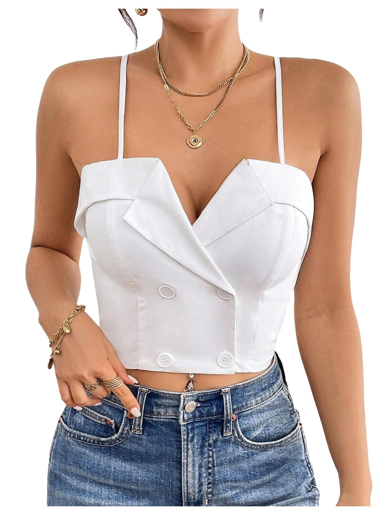 MakeMeChic Womens Double Button Waistcoat Vest Summer Corset Spaghetti Strap Sleeveless Tank Cami Tops Crop Top