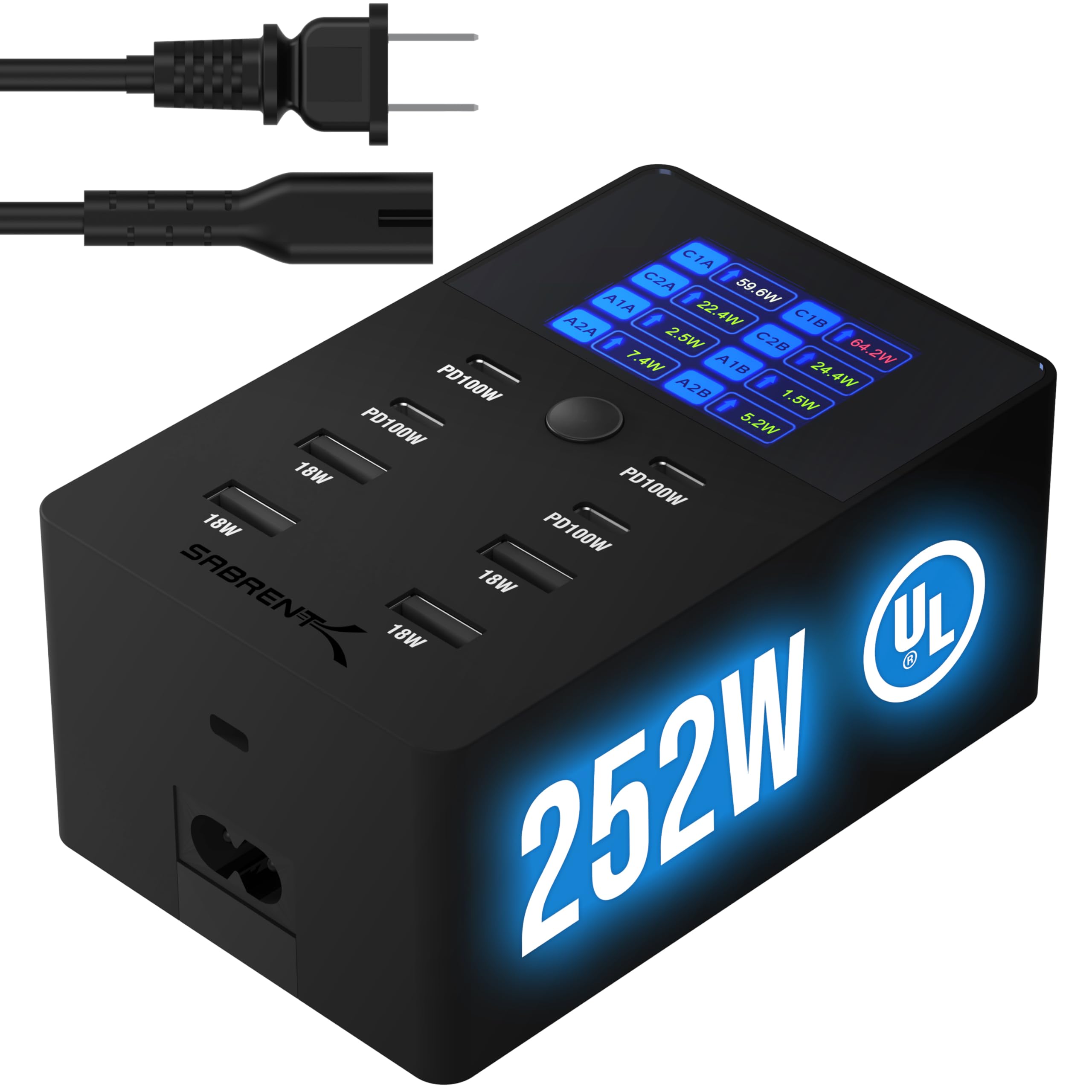 SABRENT 252W Charger – 8-Port USB PD 3.0 with LCD Display, Fast Charging for USB-C & USB-A Devices, Laptops, Phones, Tablets, Gaming Consoles – PPS, Overcharge Protection, Travel-Friendly (AX-8PTC)