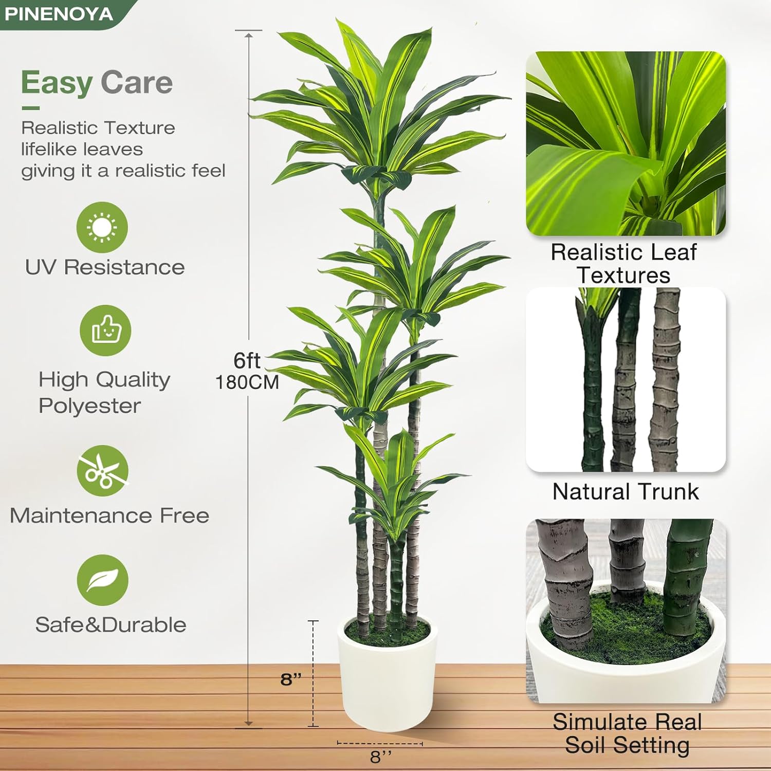 Artificial Dracaena Tree 6ft, Tall Fake Dracaena Plants with White Planter, Faux Dragon Tree Indoor Floor Plant for Home Decor Office Living Room Porch Housewarming (6ft) - Image 3