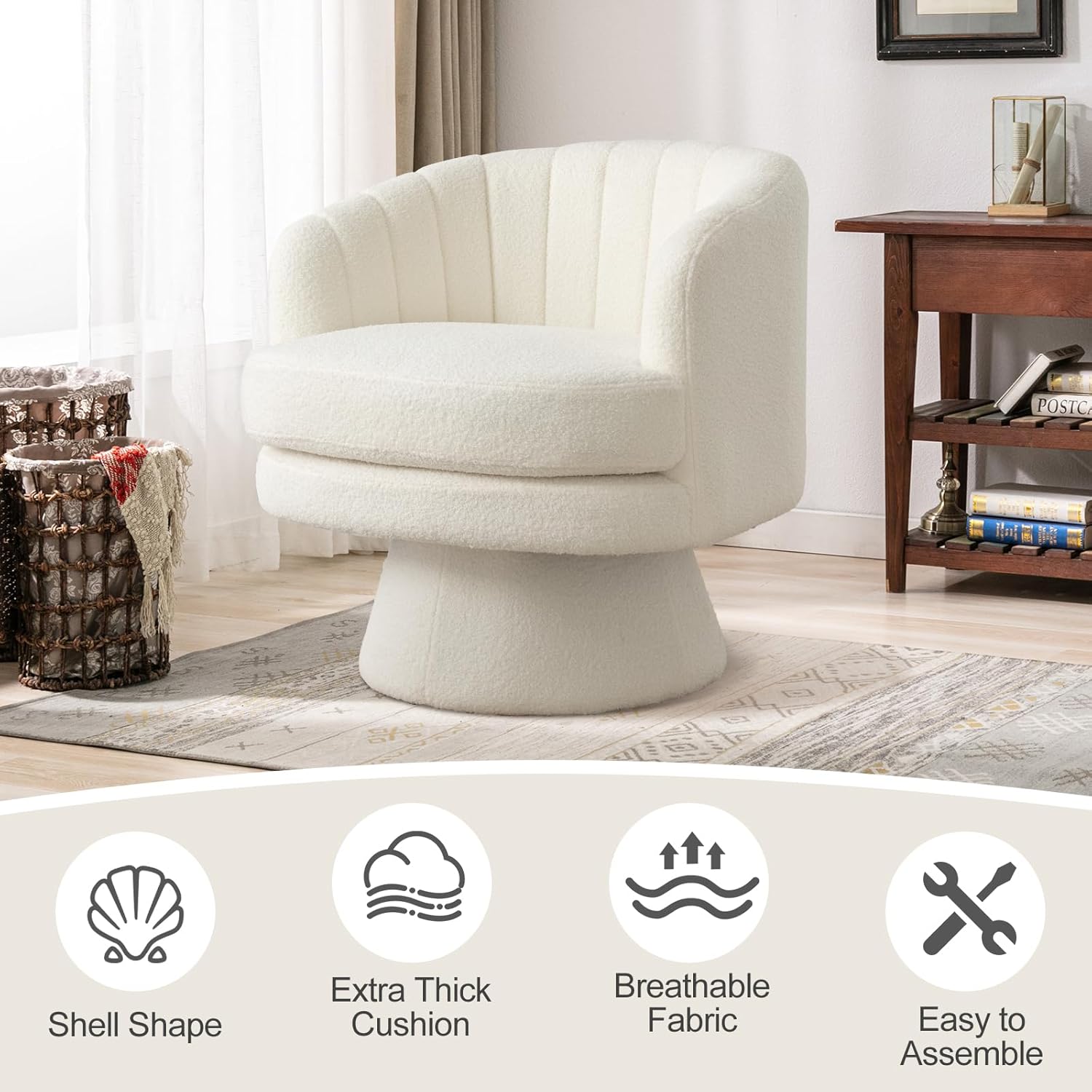 Swivel Accent Chair Barrel Vanity Chairs, Mid Century Modern Chair for Living Room Bedroom Small Spaces, Armchair Vanity Swivel Chairs with Removable Padding (1, White)