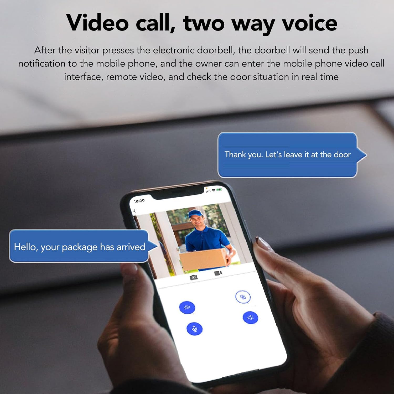 Smartphone screen displaying a video call from the Cuifati Smart Video Doorbell with two-way audio messages.