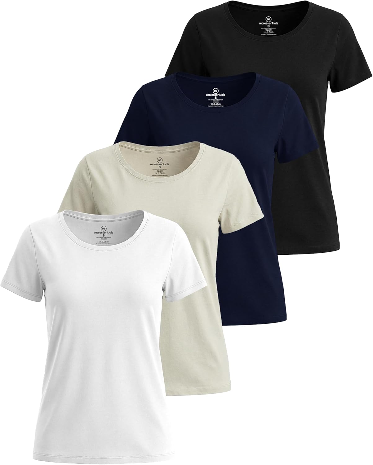 Real Essentials 4 Pack: Women's Cotton Short Sleeve T-Shirt - Casual Scoop Crew Neck Tops Tee (Available in Plus Size)