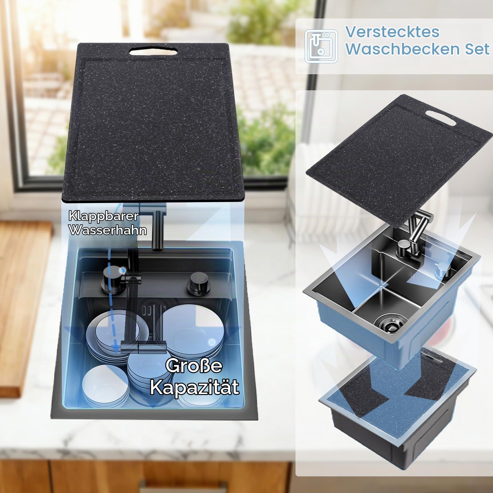 35 x 45 cm Versteckter Küchenbar Spüle mit Klappbarem Wasserhahn, Schwarze kleine Küchenspüle aus Edelstahl, Einbauspüle mit Schneidebrett, Siebkorb, Überlaufset