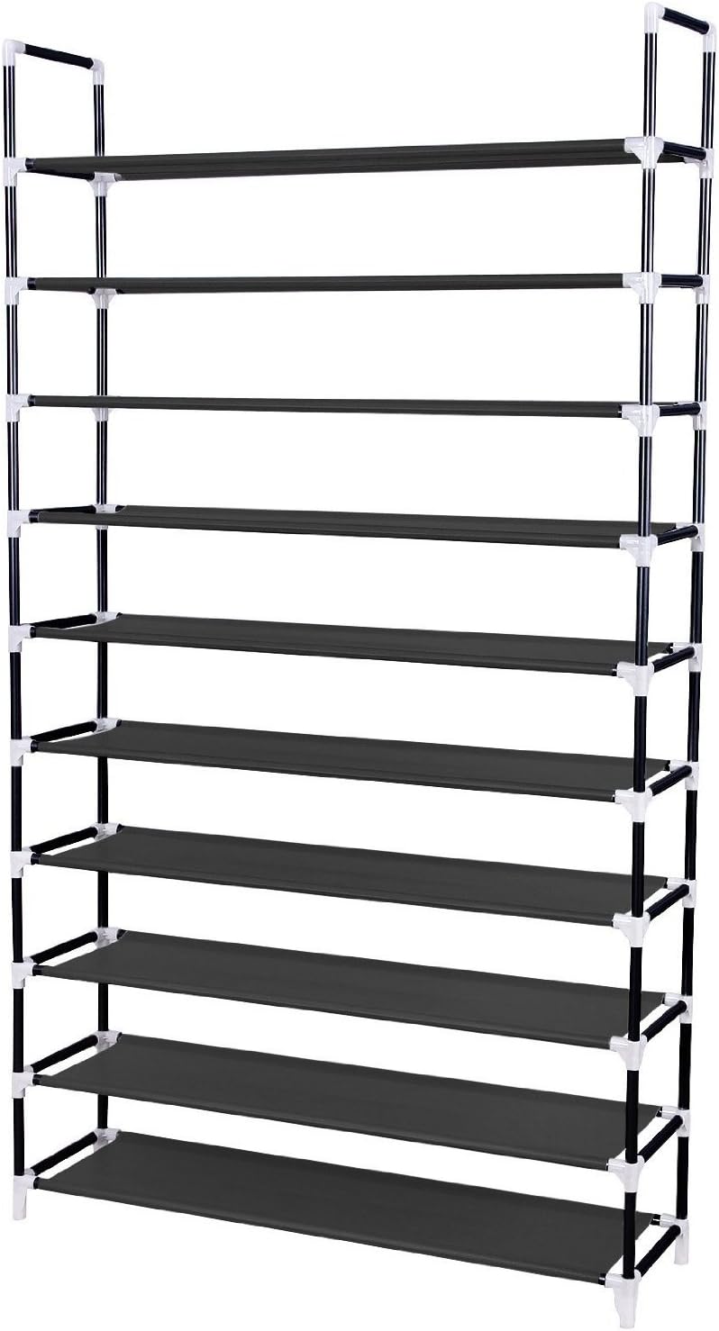 10 Tiers Shoe Rack 50 Pairs Non Woven Fabric Shoe Tower Storage Organizer, Black GSR10B