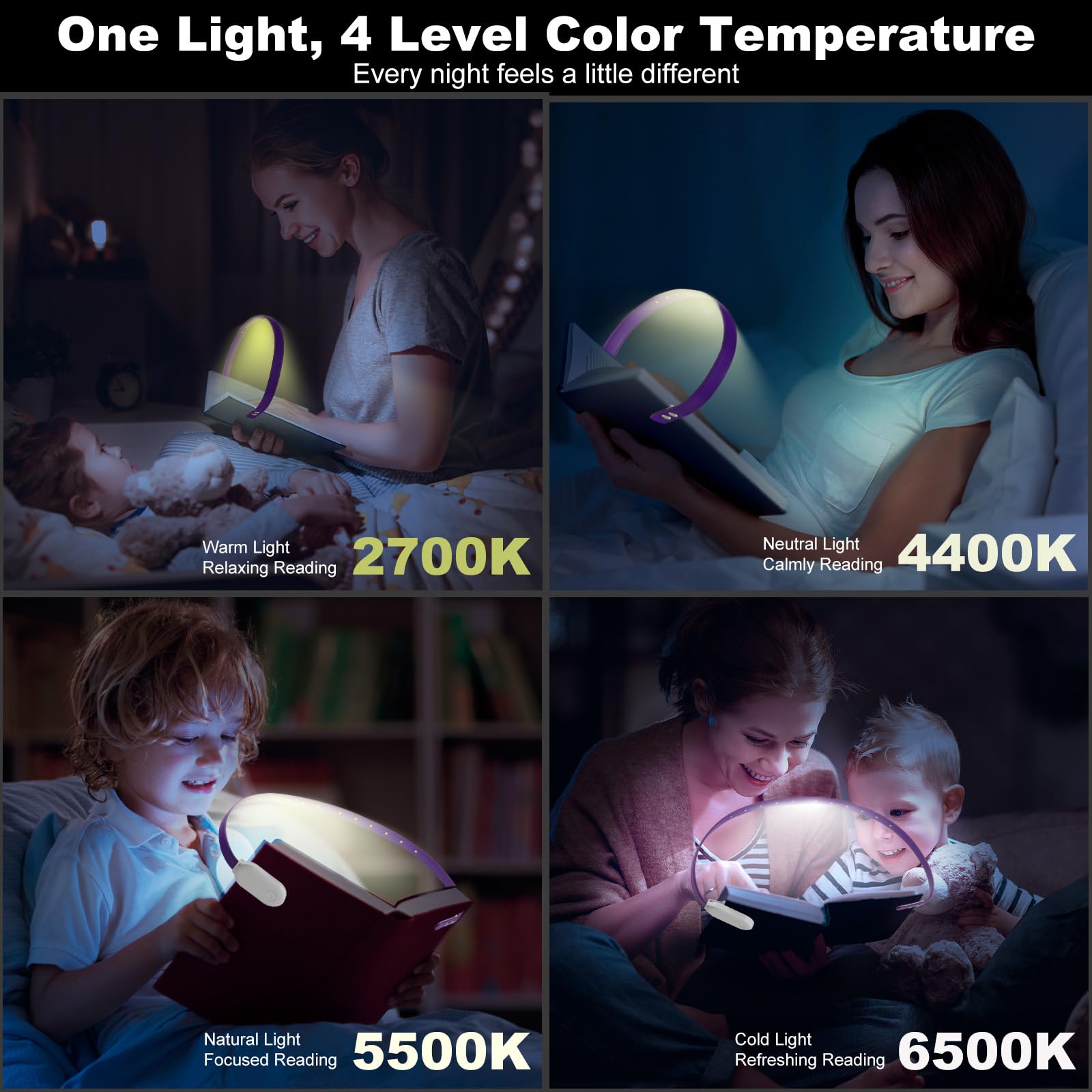 ROOKIELEDS Luz de libro recargable para leer, 12 luces LED de lectura para el cuidado de los ojos, 4 temperaturas de color, atenuación continua, sin parpadeo, iluminación distribuida uniformemente