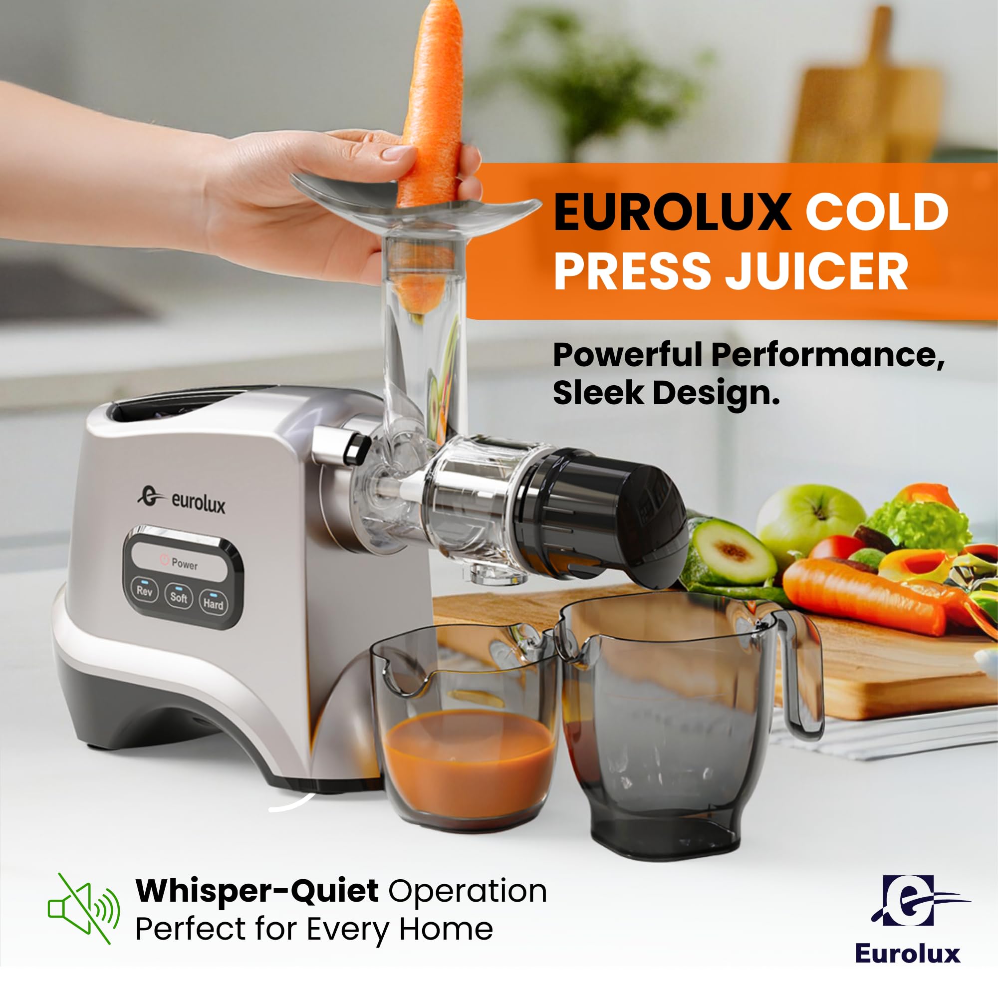 Eurolox Slow Masticating Juicer – Cold Press Machine for High-Yield Juice Extraction – Quiet & Powerful Juicer for Fruits and Vegetables – Easy to Clean, BPA-Free & Nutrient-Rich – Compact Design