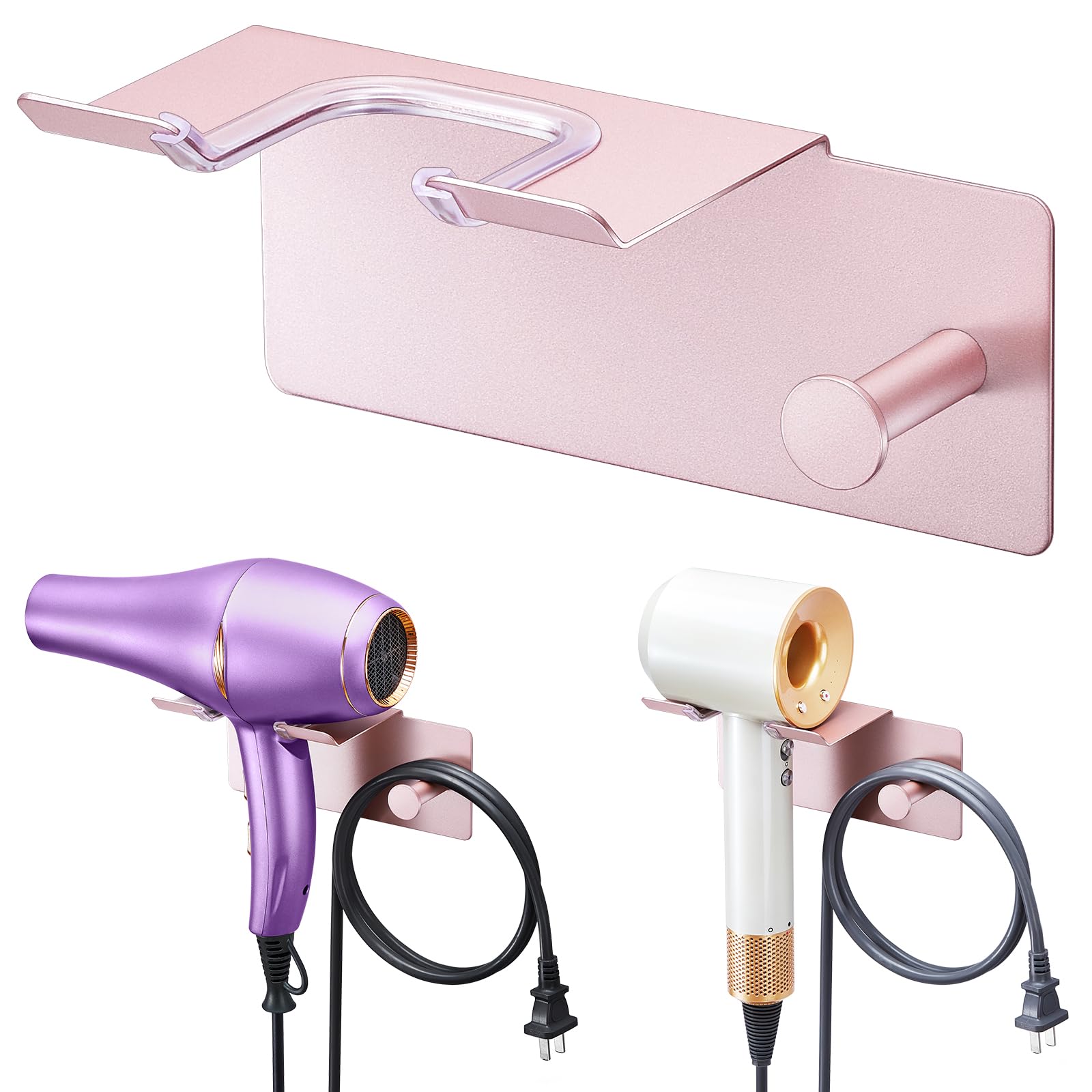 XILIMEN Hair Dryer Holder Wall Mounted, Blow Dryer Holder Adhesive, Metal Hairdryer Holder for Bathroom, Hair Tool Organizer with Plug&Cord for Cabinet Bathroom Bedroom Barber Shops (Rose Gold)