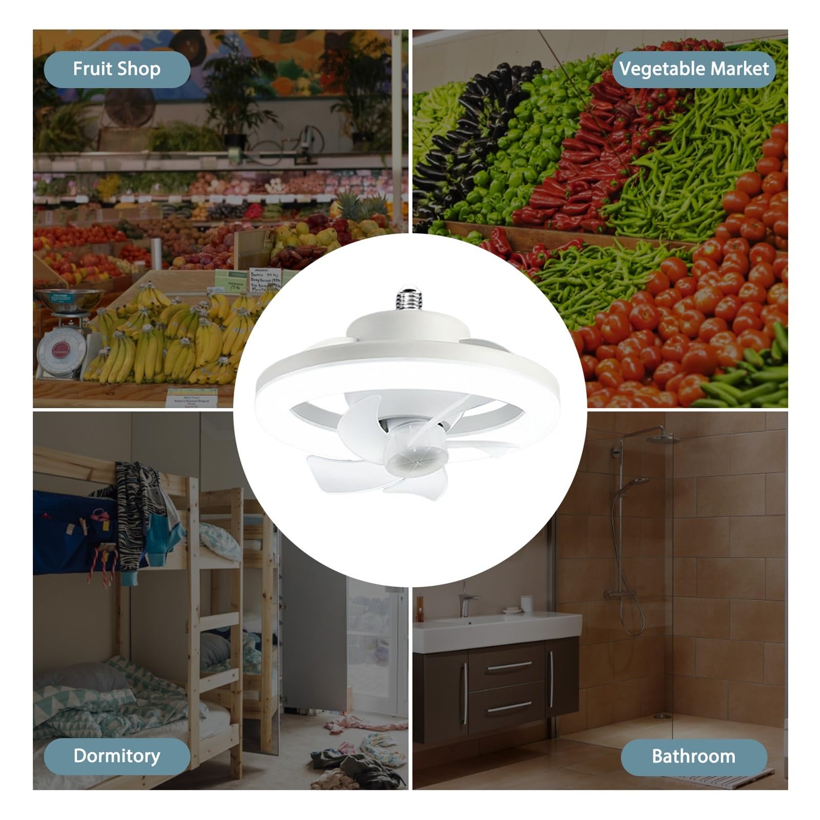 Luz de ventilador techo, luz eléctrico, portalámparas E27, sacudida cabeza 360, viento regulable 3 velocidades for el hogar, habitación los niños RefrigeracióN Silenciosa(E)