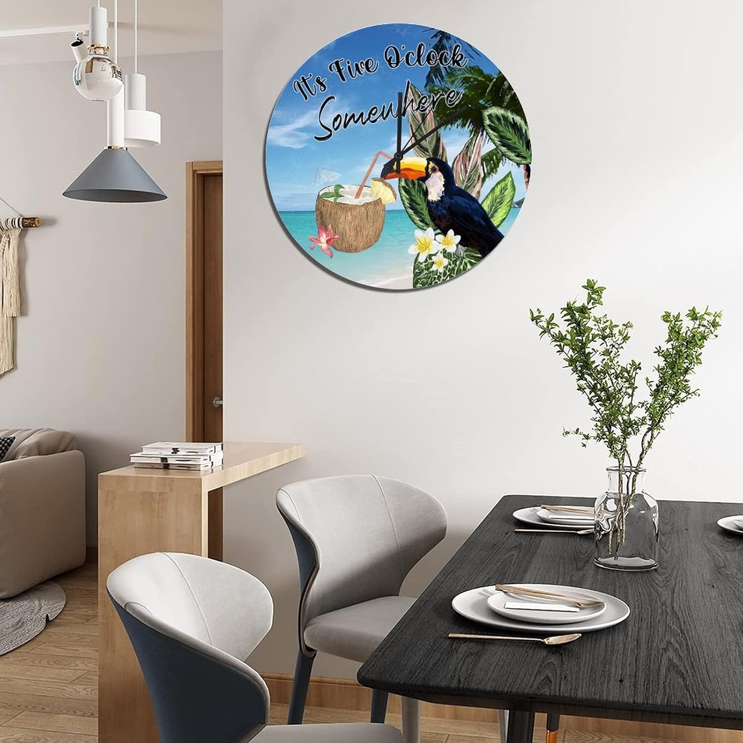 UFunhome It's Five O'clock Somewhere Wall Clock Tropical Summer Yellow Parrot Bird Banana Leaves Clocks Silent Movement Battery Operated Hanging Wooden Clock for Patio Pool Bathroom Bedroom 15-Inch