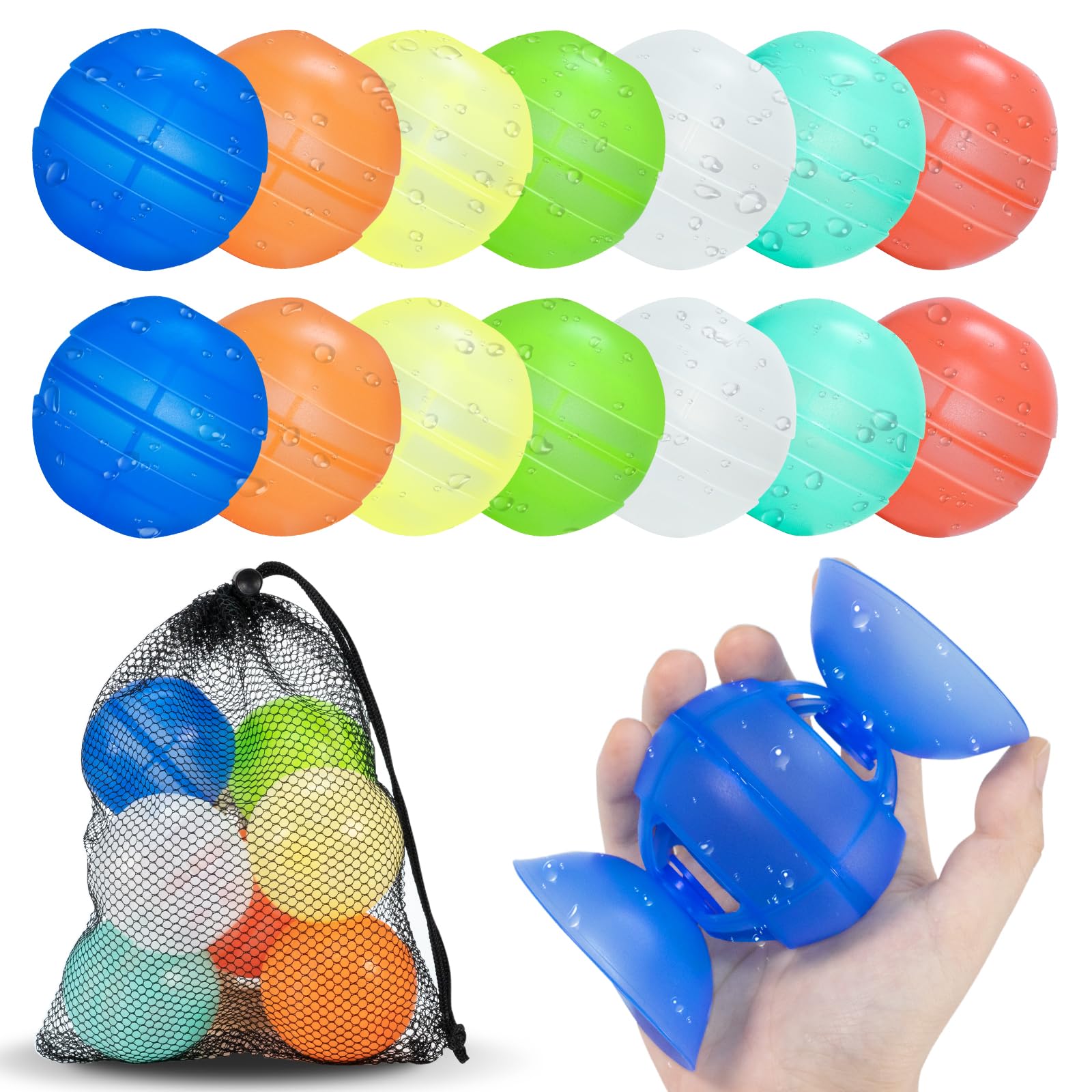 Wasserbomben Wiederverwendbar, 14 Stück Wasserbomben Selbstschließend mit Netzbeutel, Silikon Wasserballons Wiederverwendbare für Wasserspielzeug Kinder Pool Spielzeug Sommer Wasserschlachten