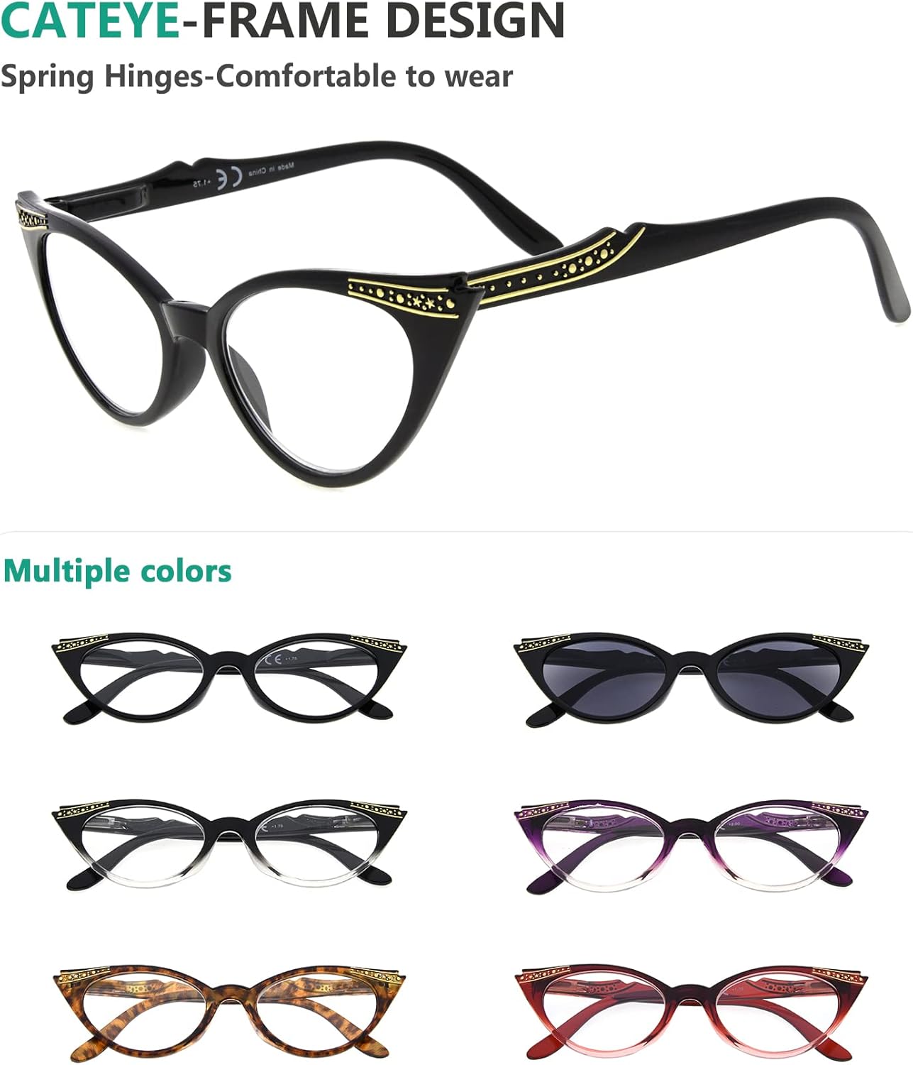 Eyekepper 6-Pack Womens Cat Eye Reading Glasses Include Sunshine Readers (One for Each Color)