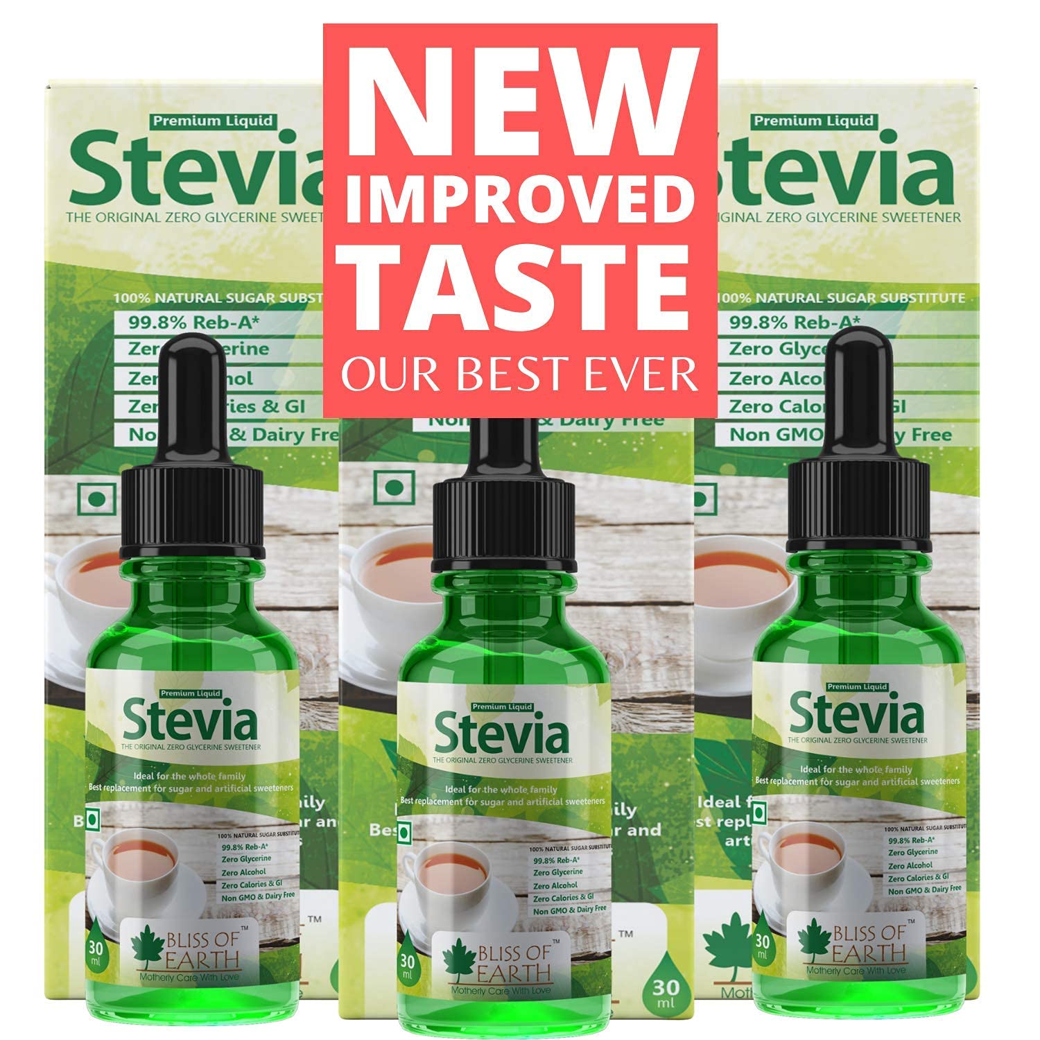 Bliss of Earth Stevia Liquid Drops Sugar free Zero Calorie Diabetic and Keto Friendly Sugar Substitute Glycerin Free 99.8% REB Glass Bottle Pack of 3x30ml (B083CY7MKS) Amazon Price History, Amazon Price Tracker