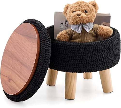 Miniatura 11 de Wimarsbon Puf otomano, reposapiés bohemio de punto 100% algodón, reposapiés redondo con patas de madera antideslizantes, decoración del hogar, puf