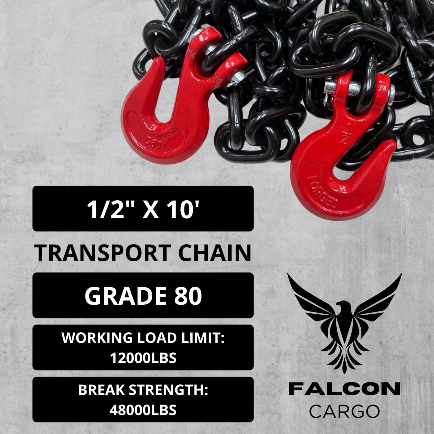 1/2" X 10' Grade 80 Transport Binder Chain - 12,000 LBS WLL - Clevis Grab Hook, Tie-Down, Towing
