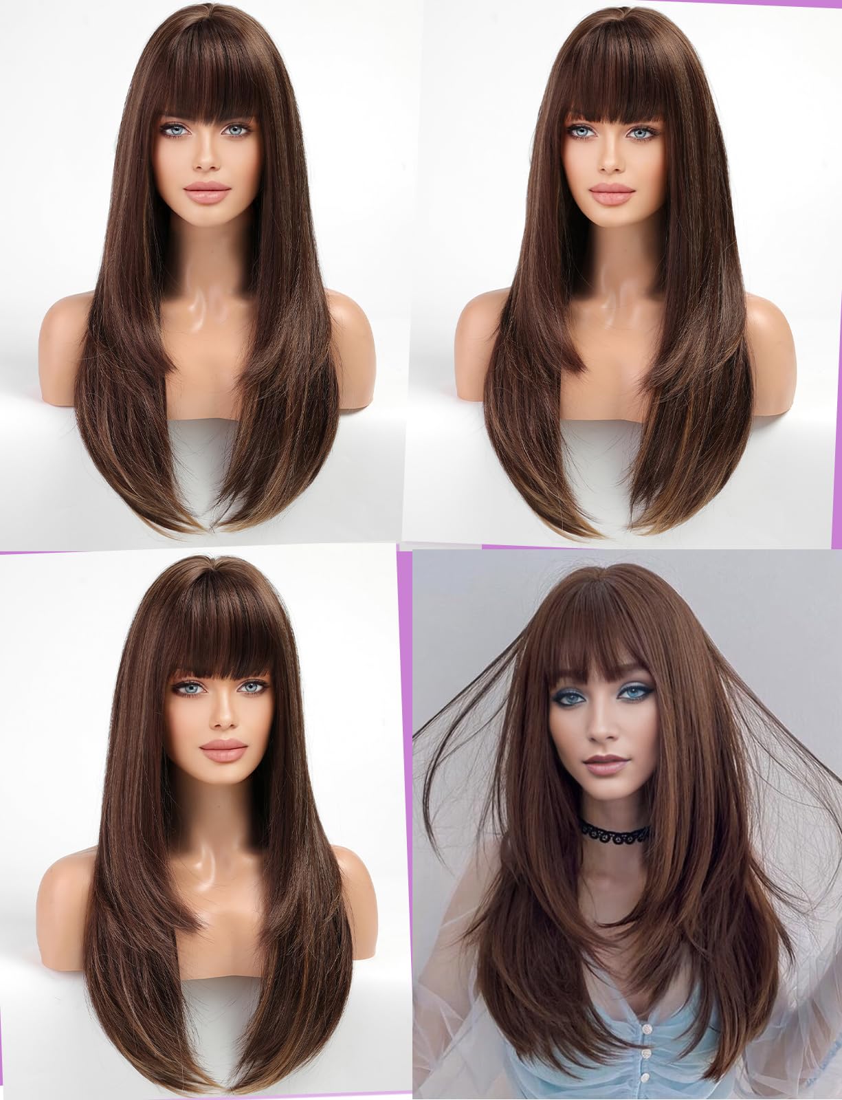 WOKESTAR Brown Wigs for Women Layered Straight Long Wig with Fringe, Brown Highlight, 26 inch - Image 4