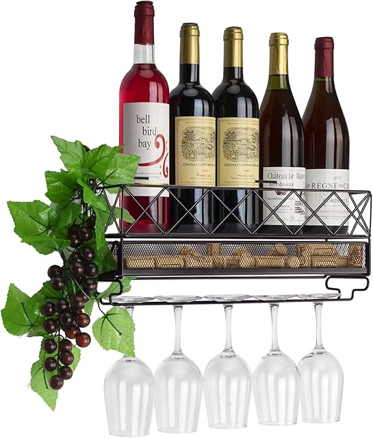 Wine Rack Wall Mounted Glass Floating Racks with cork rack metal bottle rack Modern Plants Photos Wine Display Storage Holder for Kitchen Dining Room Bar, bronze
