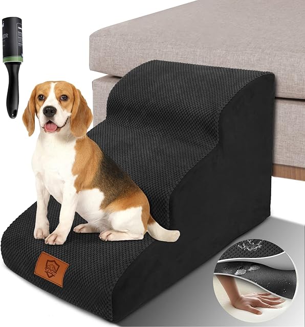Zvonema Dog Step Stairs, 3 Steps Dog Ramp with High Density Foam & Waterproof Cloth Cover, Easy Climb Dog Stairs for Bed Sofa, Non-Slip Pet Steps for Small Dogs, Send Lint Roller