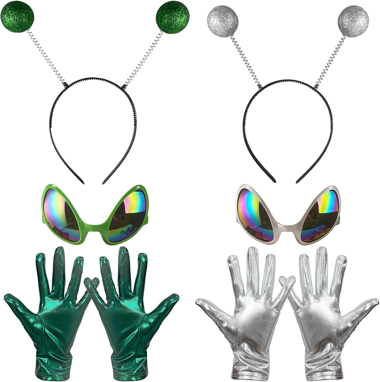 Alien Costume Accessories for Women 2 Pack, Green & Silver Alien Headband Glasses and Metallic Gloves Set for Halloween Cosplay Party